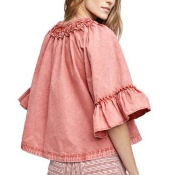 NWT Free People Ainsley Denim Top Smocked Bell Sleeve Blouse - Picture 4 of 12